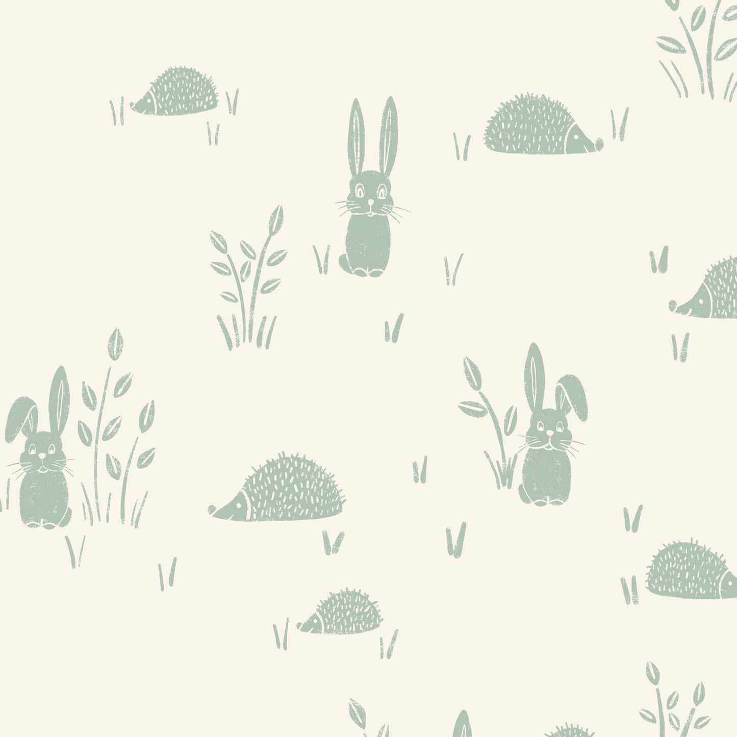 Hedgehogs and Rabbits Wallpaper in Sea Green shown in a close up view.