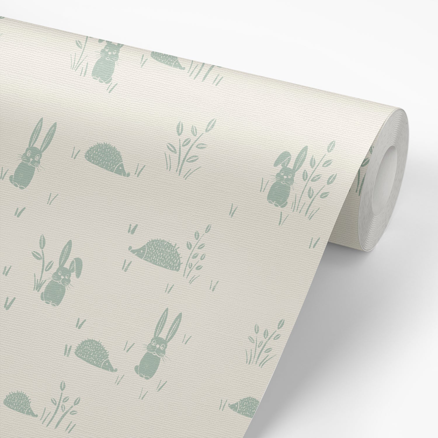 Hedgehogs and Rabbits Wallpaper in Sea Green shown on a roll of wallpaper.