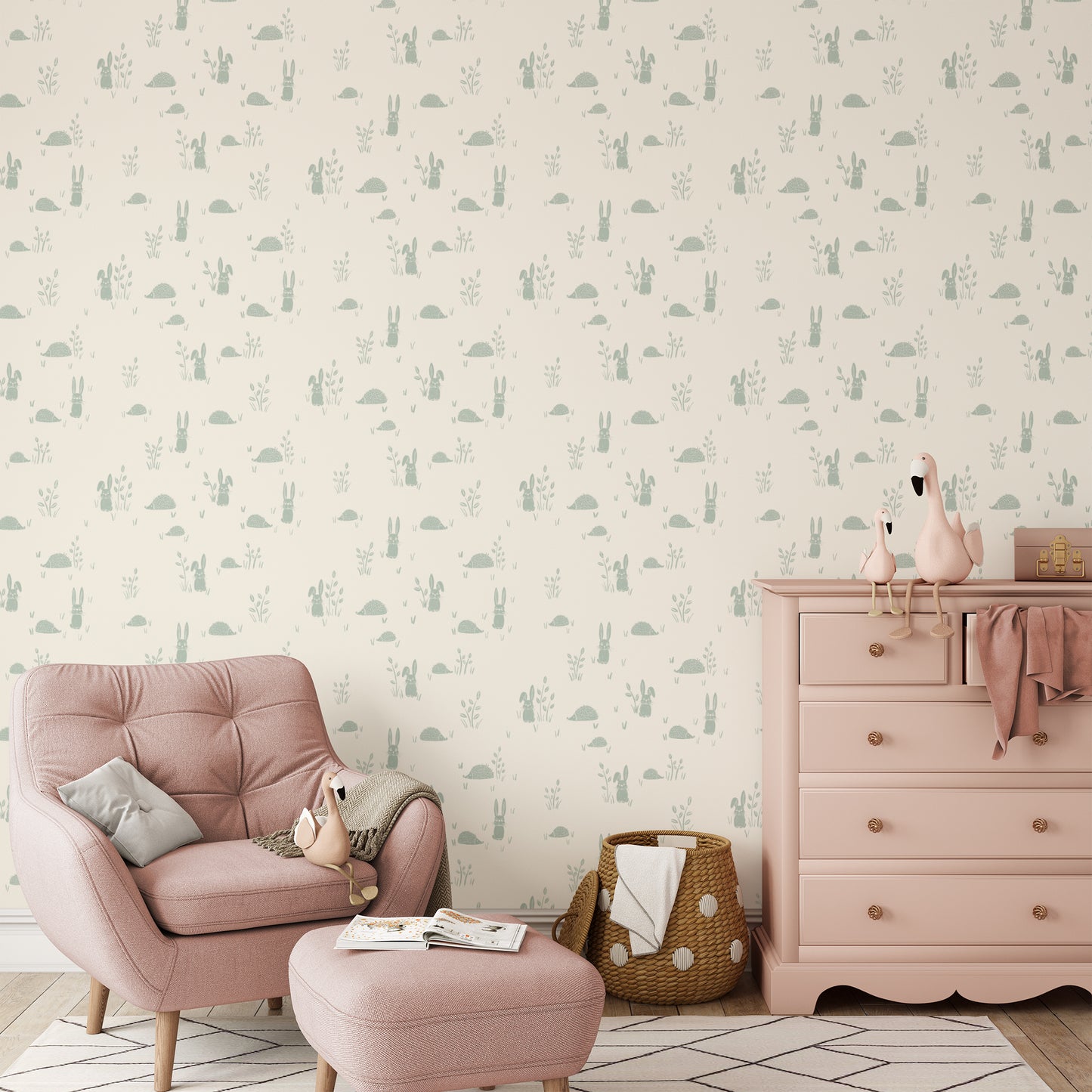 Hedgehogs and Rabbits Wallpaper in Sea Green shown in a nursery.