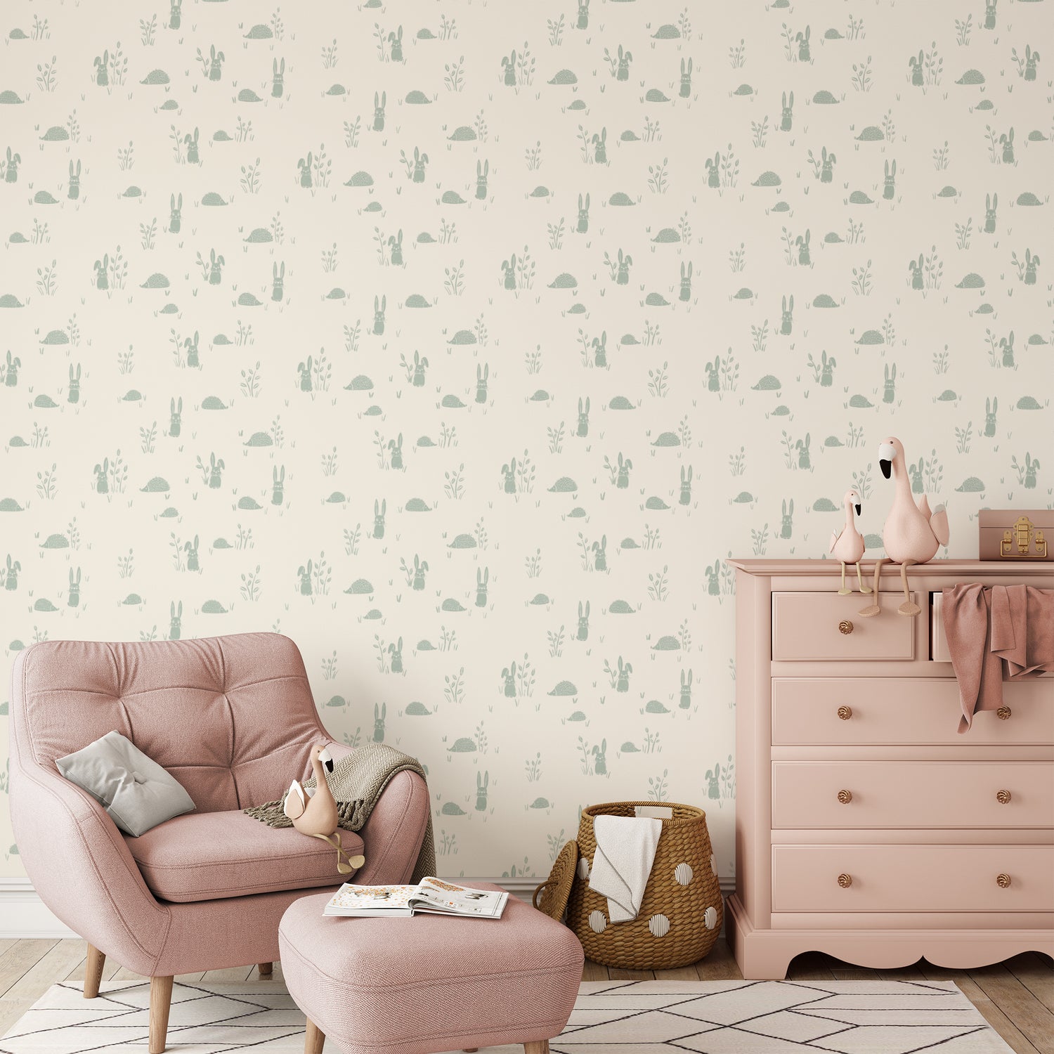 Hedgehogs and Rabbits Wallpaper - Sea Green – Ayara Home