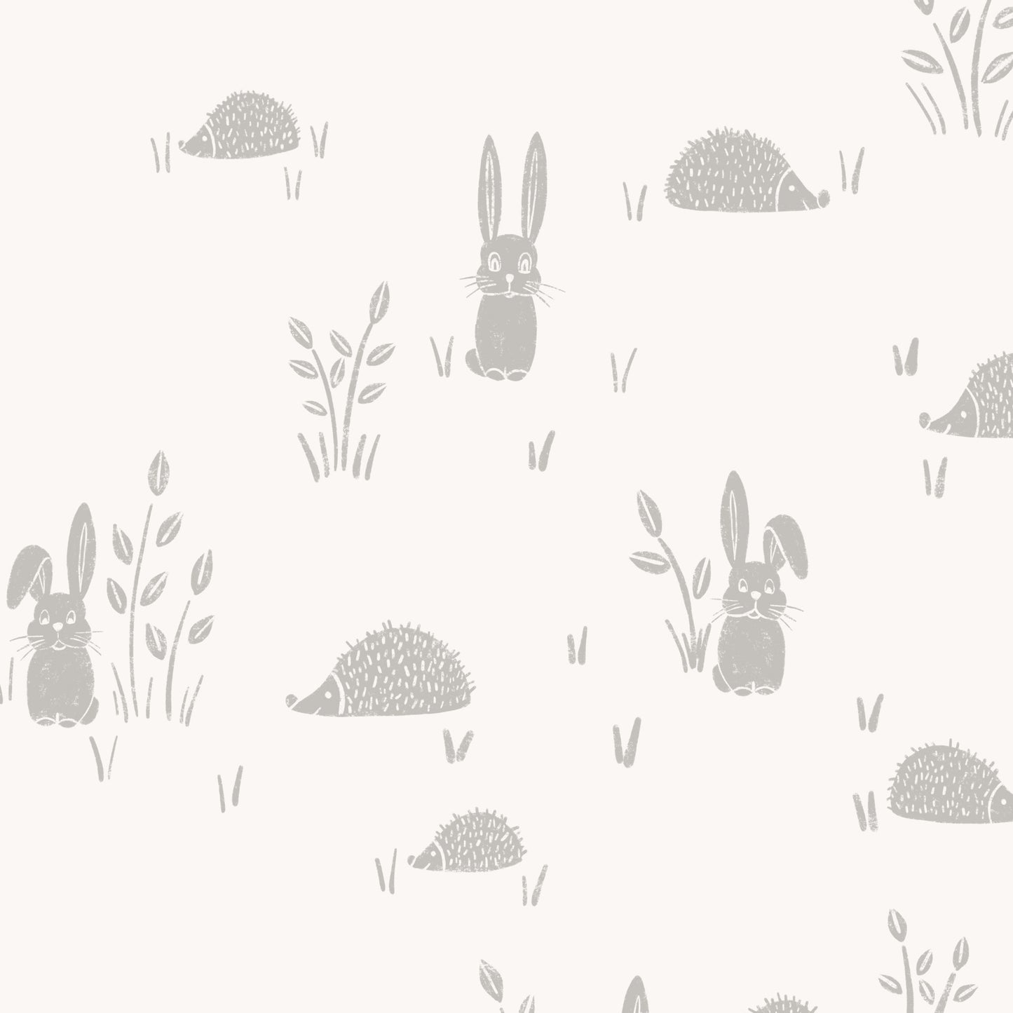 Hedgehogs and Rabbits Wallpaper in Gray shown in a close up view.