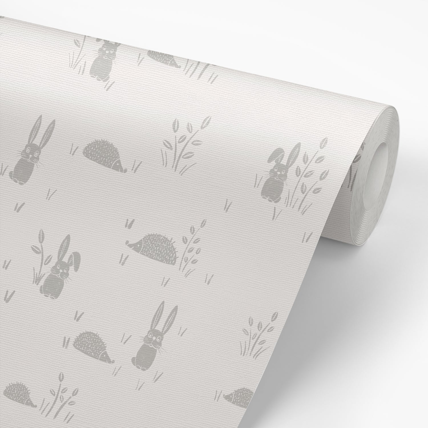 Hedgehogs and Rabbits Wallpaper in Gray shown on a roll of wallpaper.