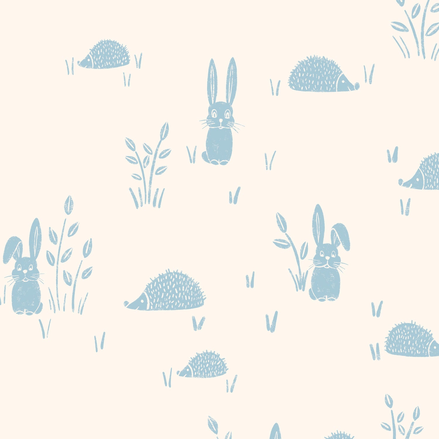 Hedgehogs and Rabbits Wallpaper in Blue shown in a close up view.
