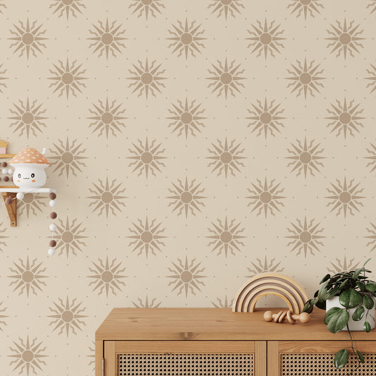 Sunny Suns Wallpaper in Tan shown in a kids bedroom.