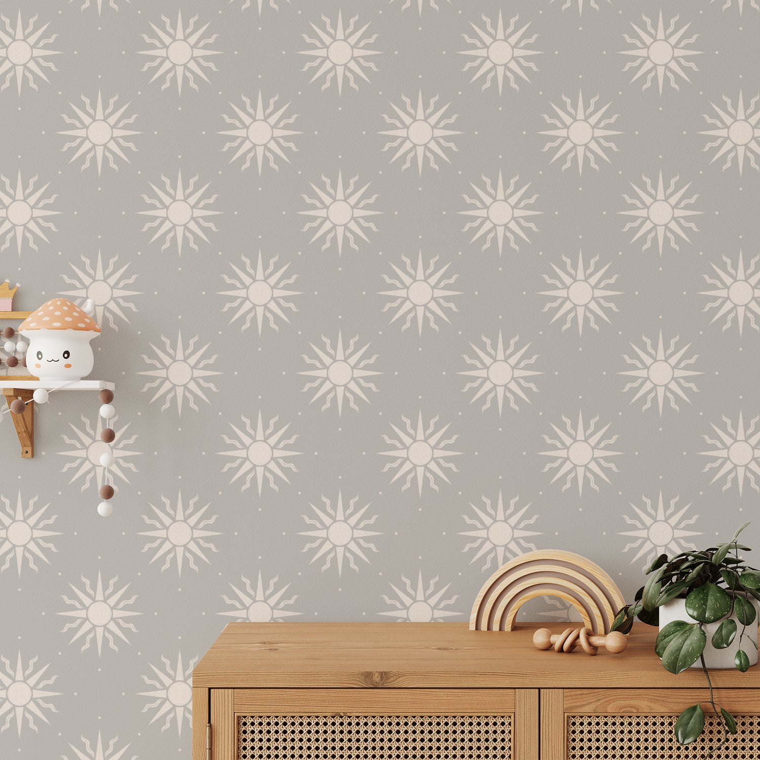Sunny Suns Wallpaper in Gray shown in a kids bedroom.