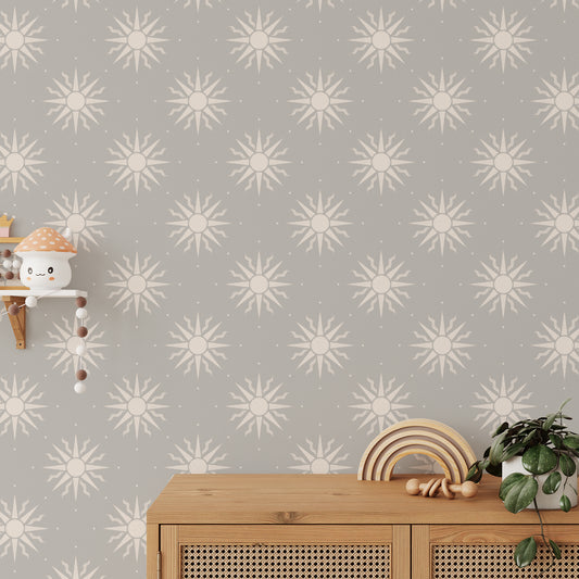 Sunny Suns Wallpaper in Gray shown in a kids bedroom.