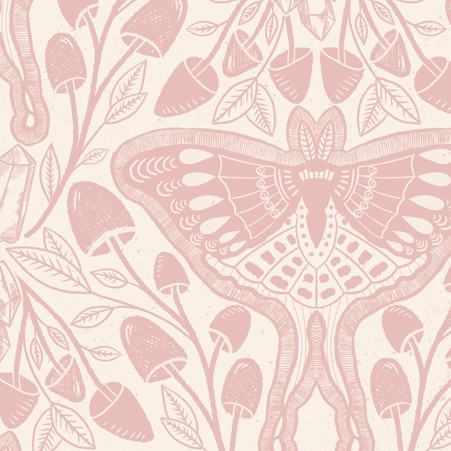 Luna Moths Wallpaper in Pink shown in a close up view.