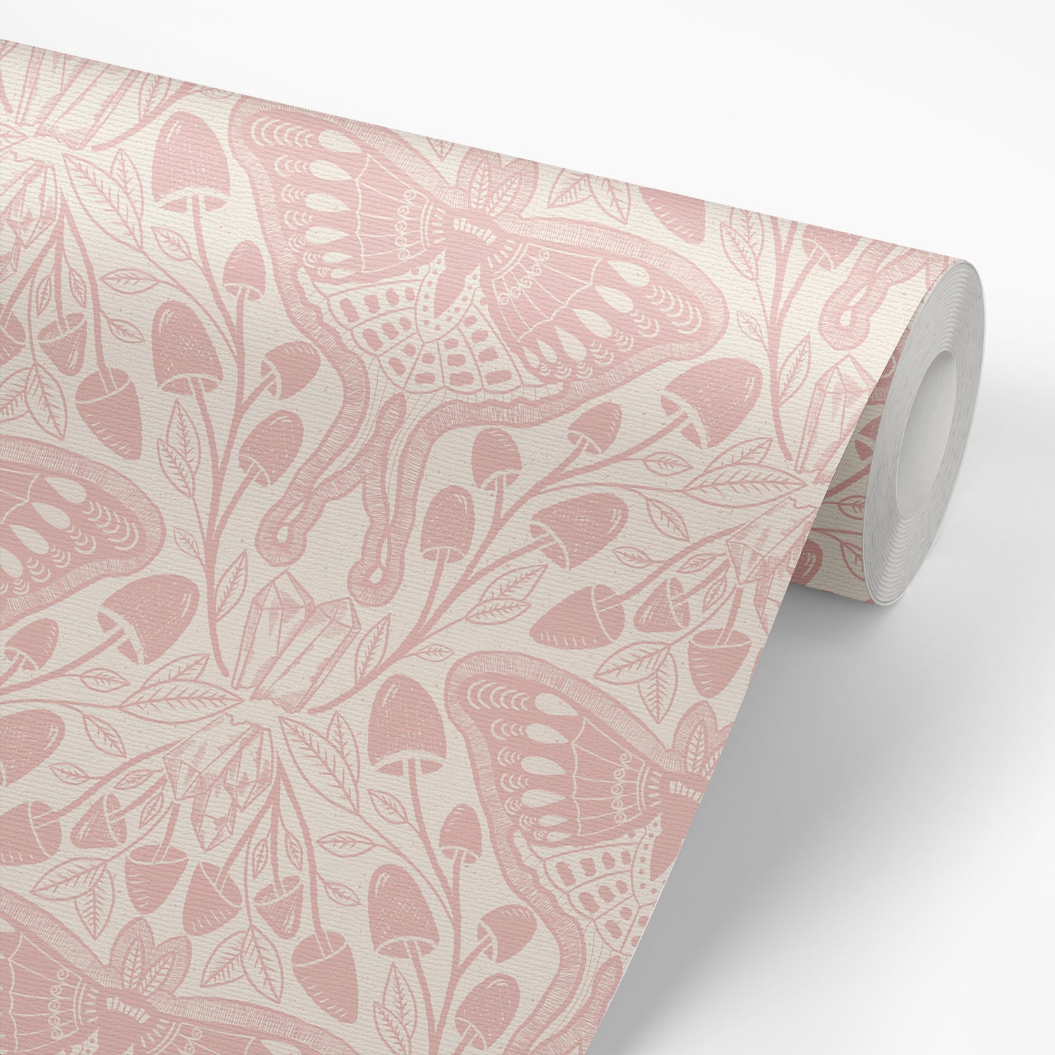 Luna Moths Wallpaper in Pink shown on a roll of wallpaper.