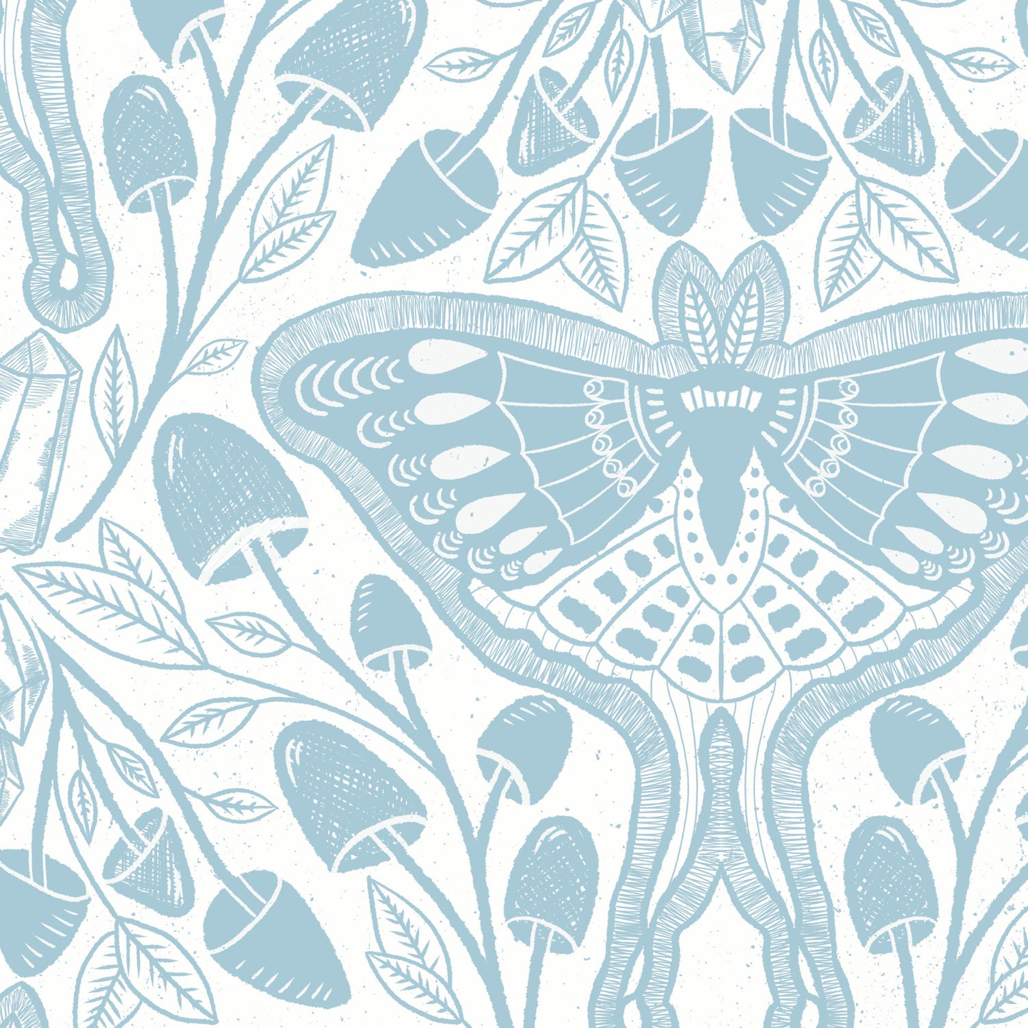 Luna Moths Wallpaper in Blue shown in a close up view.