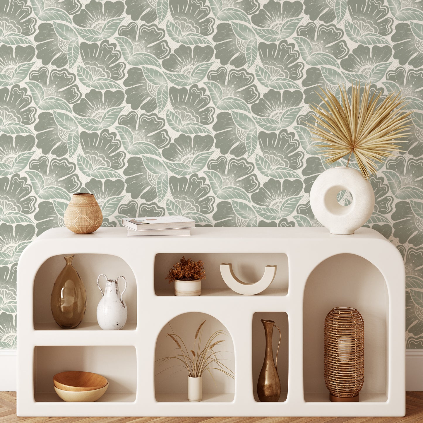 Scattered Flowers Wallpaper in Green shown in a living room.