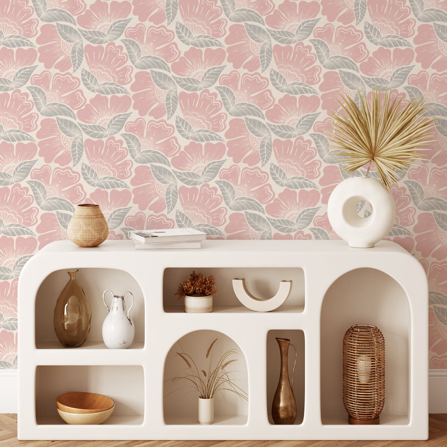 Scattered Flowers Wallpaper in Rosy Pink shown in a living room.