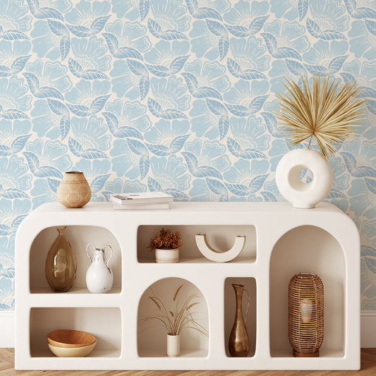 Scattered Flowers Wallpaper in Blue shown in a living room.