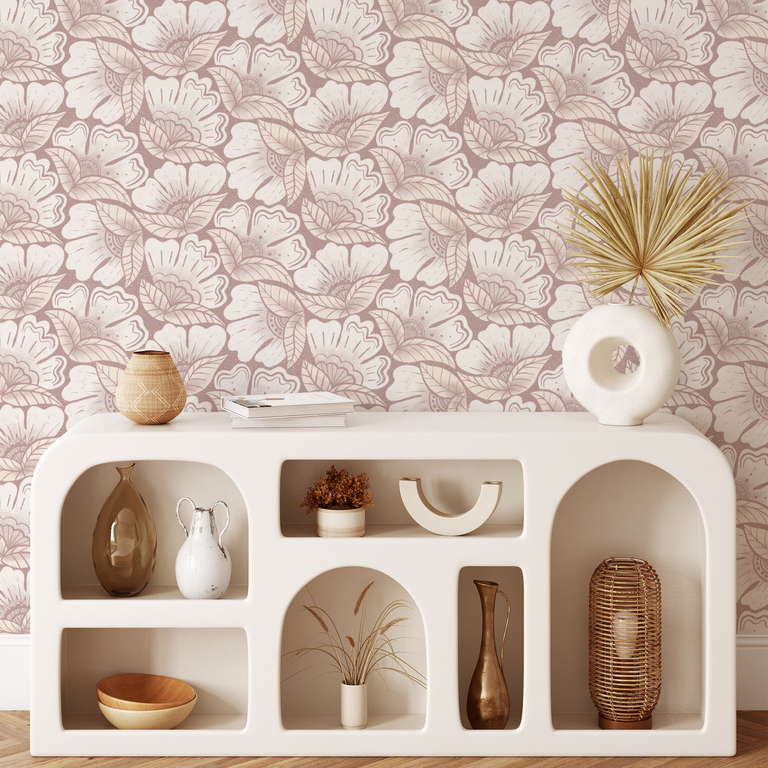 Scattered Flowers Wallpaper in Deep Mauve shown in a living room.