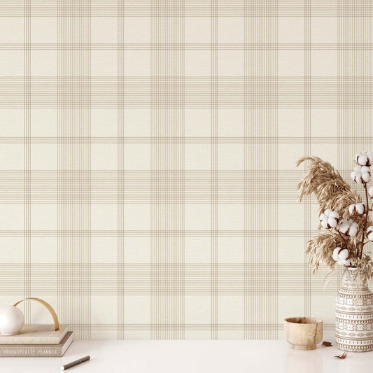 Plaid neutral wallpaper with decorative elements on a neutral background
