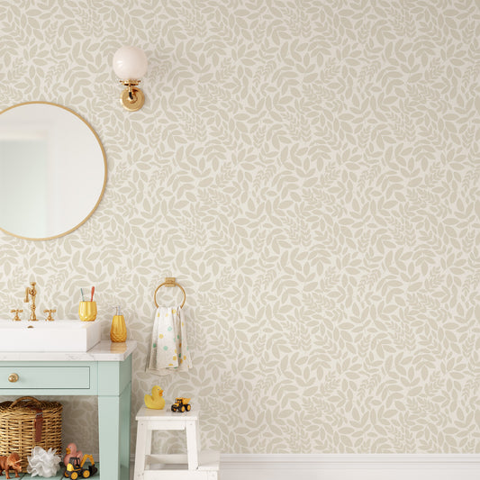 Adorn your walls with our luxurious Falling Leaves Wallpaper in Sand. The scattered flowers add a subtle touch of elegance, while the sand hue brings a calming and sophisticated atmosphere to any room shown in a full size image.