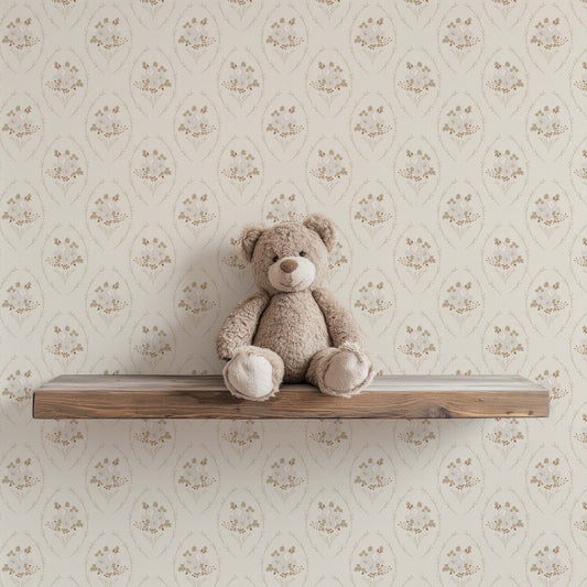 Farmhouse Blooms Wallpaper in Almond shown in a kid's room.