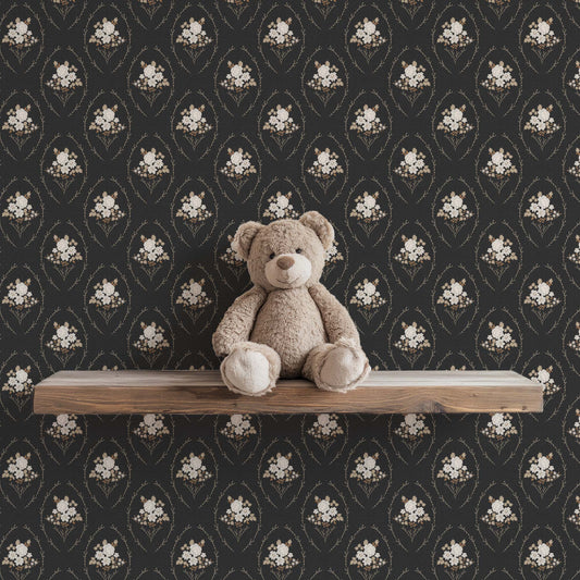 Farmhouse Blooms Wallpaper in Ash shown in a kid's room.