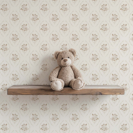 Farmhouse Blooms Wallpaper in Lace shown in a kid's room.