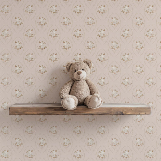 Farmhouse Blooms Wallpaper in Soft Pink shown in a kid's room