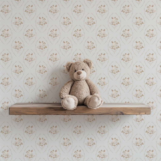 Farmhouse Blooms Wallpaper in Soft Gray shown in a kid's room.