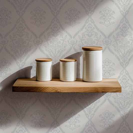 Fine Line Floral Wallpaper in Blue shown in a pantry.