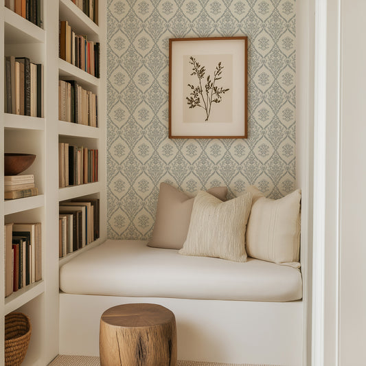 Fine Line Floral Wallpaper in Navy shown in a nook.