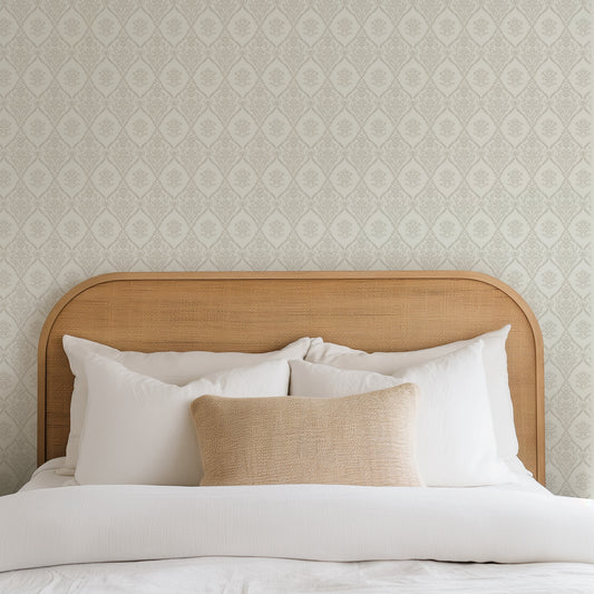 Fine Line Floral Wallpaper in Cream shown in a bedroom.