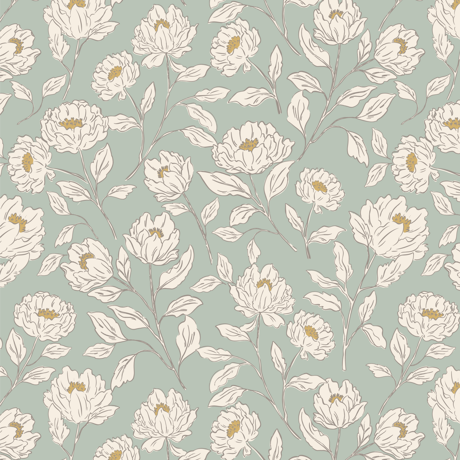 Closeup of Floral Toile Peel and Stick, Removable Wallpaper in Sage