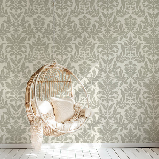 Floral Dreams Damask Wallpaper in Sage in a bedroom