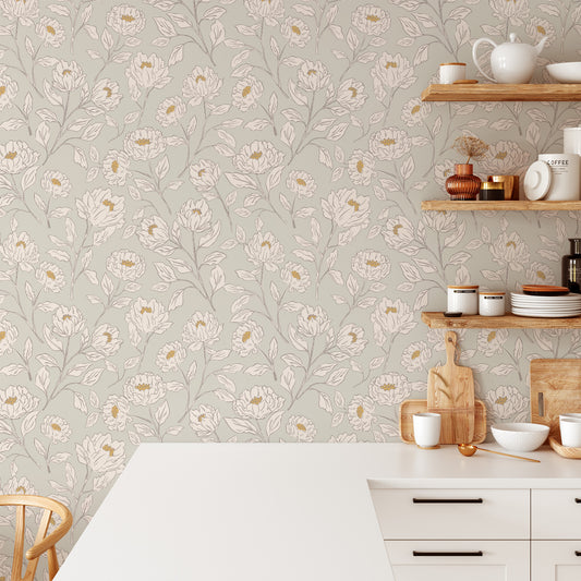 Kitchen Pantry featuring Floral Toile Peel and Stick, Removable Wallpaper in Neutral