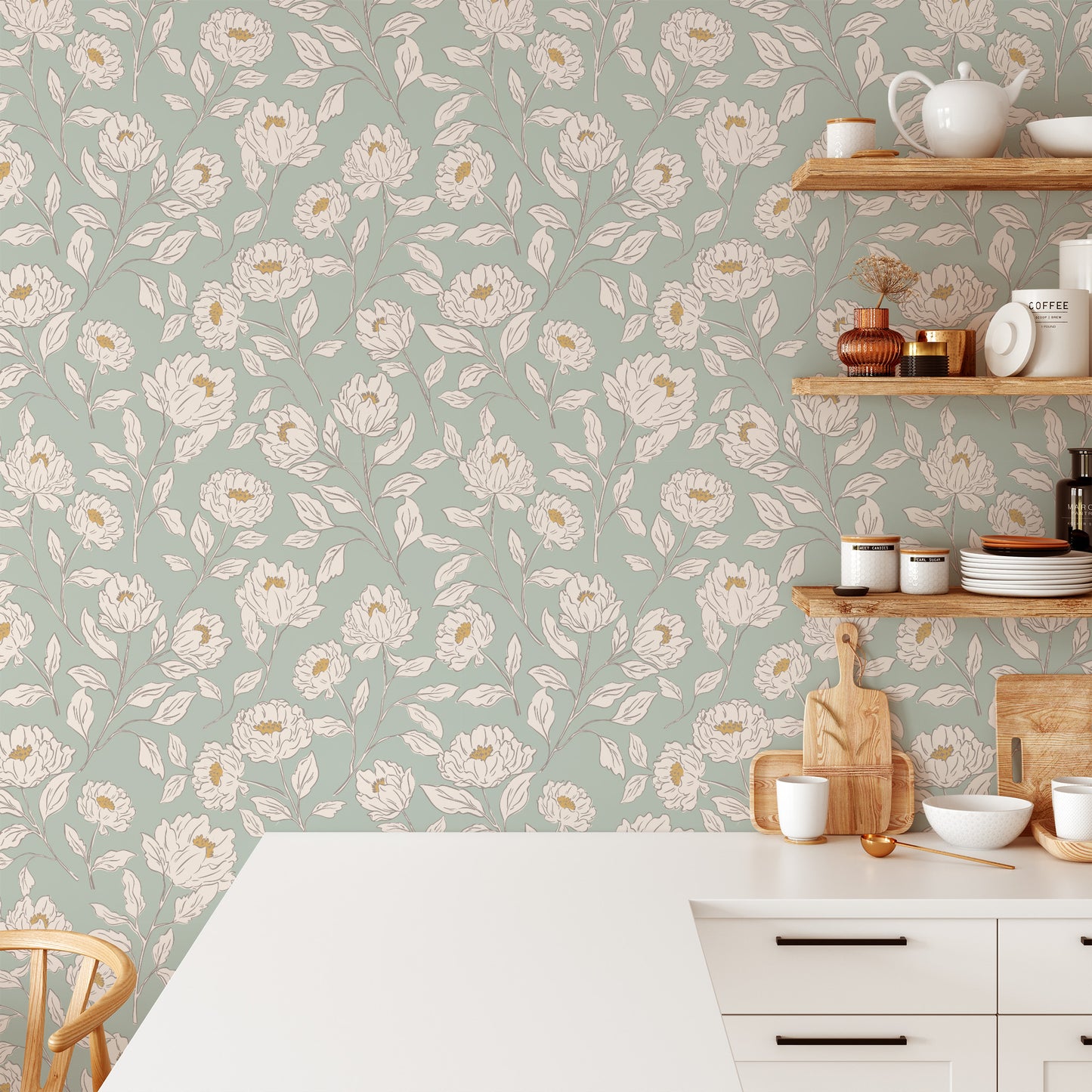 Kitchen Pantry featuring Floral Toile Peel and Stick, Removable Wallpaper in Sage