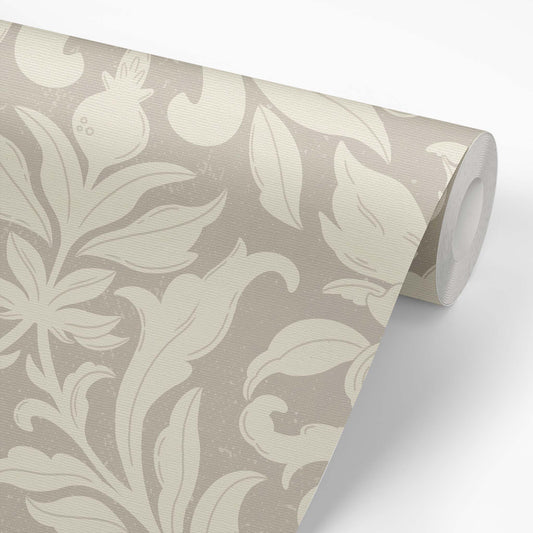Floral Dreams Damask Wallpaper in Cream on Beige on a roll of wallpaper