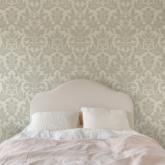 Floral Dreams Damask Wallpaper in Beige in a bedroom