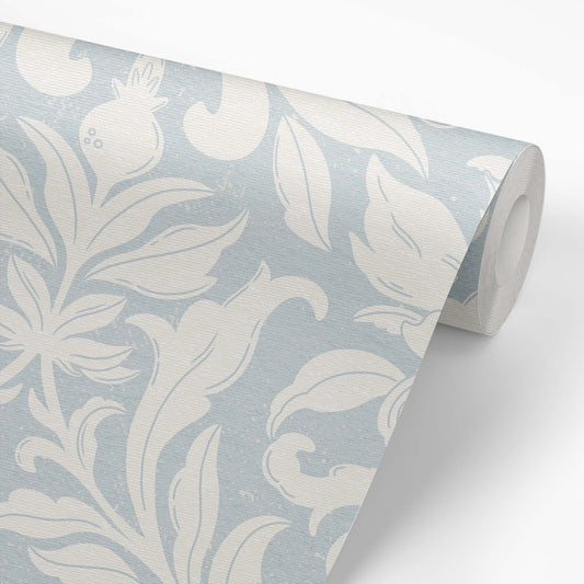 Floral Dreams Damask Wallpaper in Cream on Barely Blue on a roll of wallpaper