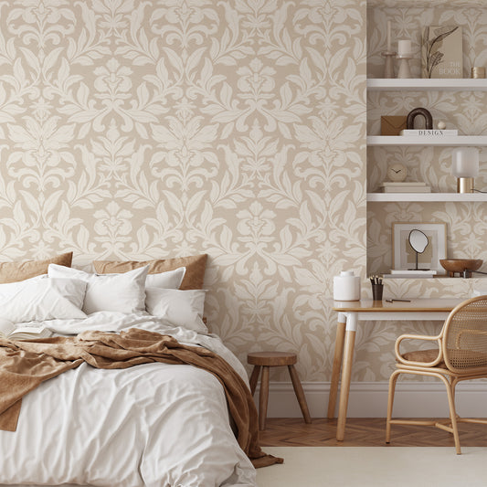 Floral Dreams Damask Wallpaper in Cream on Sand shown in a bedroom