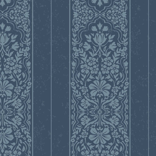 Decorative blue patterned wallpaper with vertical stripes