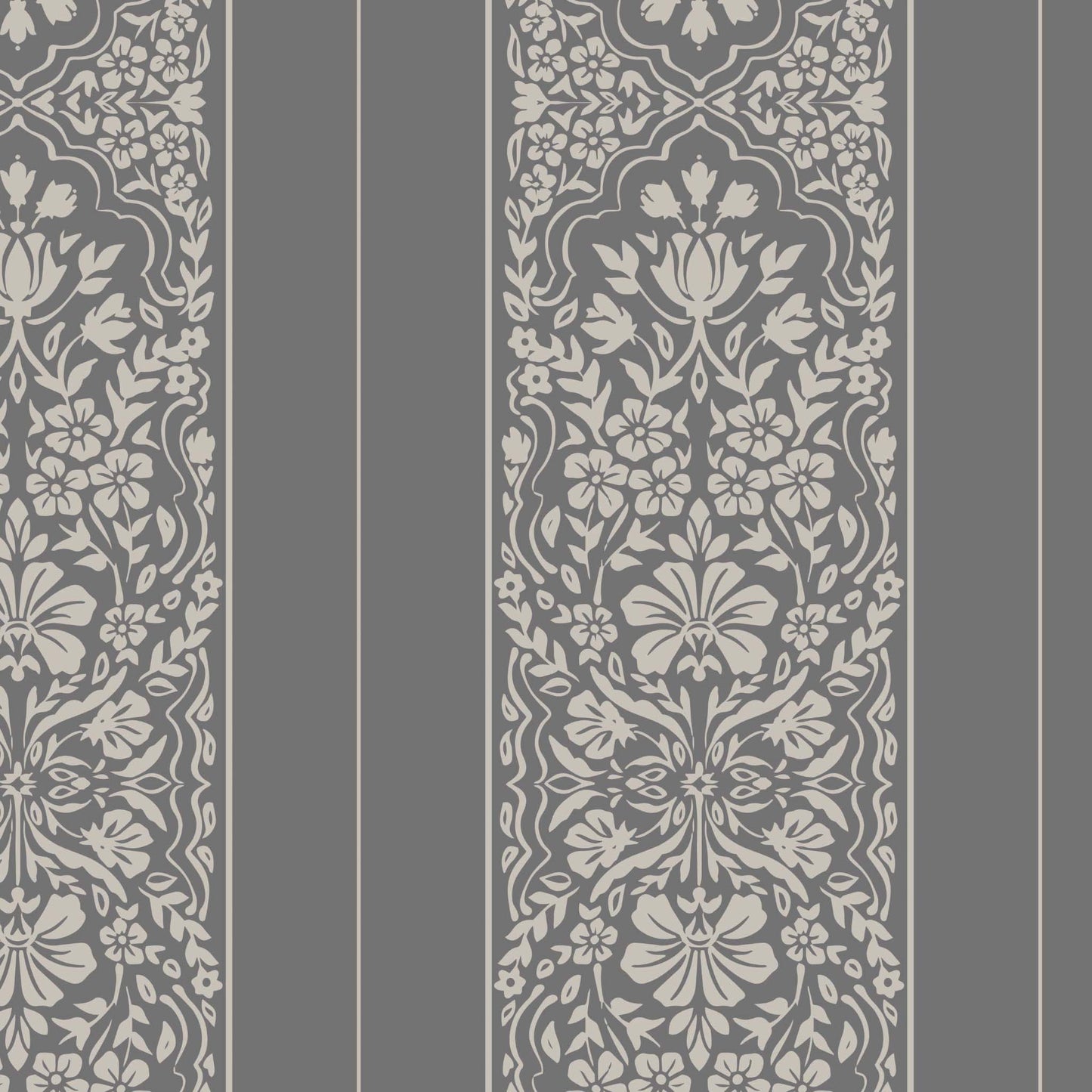 Decorative floral pattern on a gray background with vertical stripes