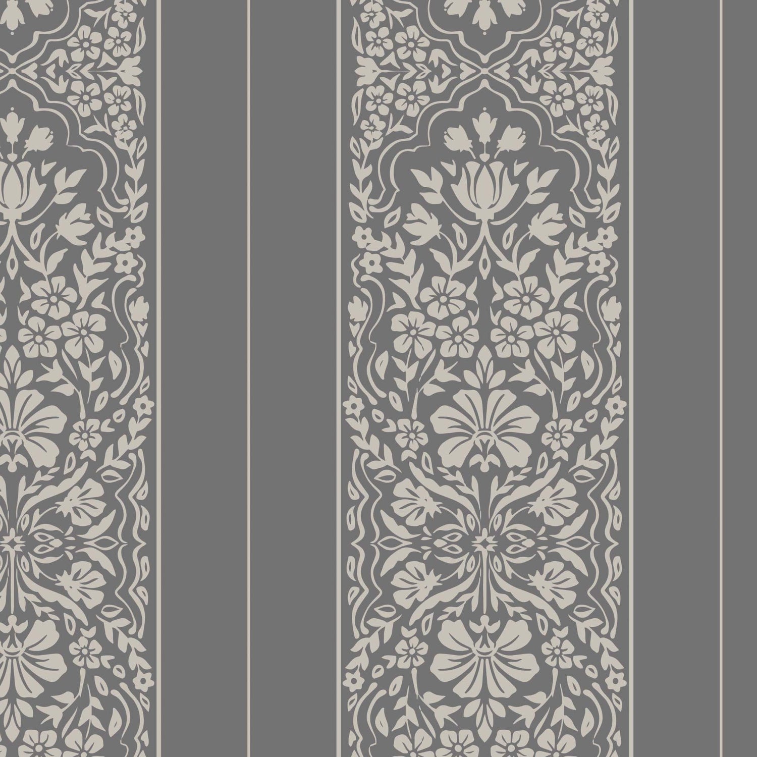 Decorative floral pattern on a gray background with vertical stripes