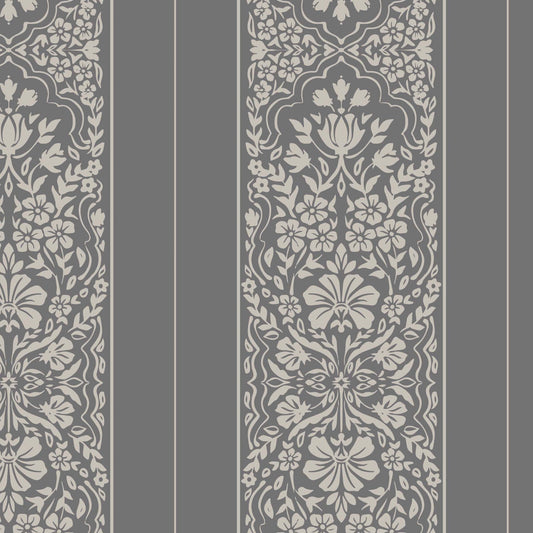 Decorative floral pattern on a gray background with vertical stripes