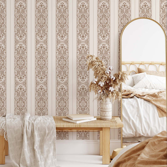 Decorative wallpaper with striped pattern in a bedroom setting