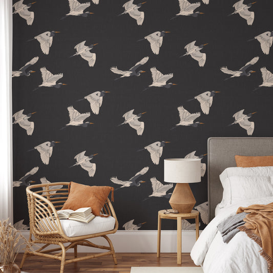 Flying Herons Wallpaper - Charcoal