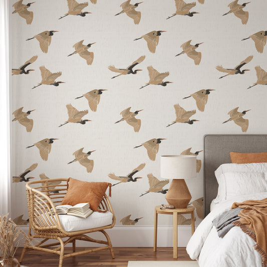 Flying Herons Wallpaper - Cream