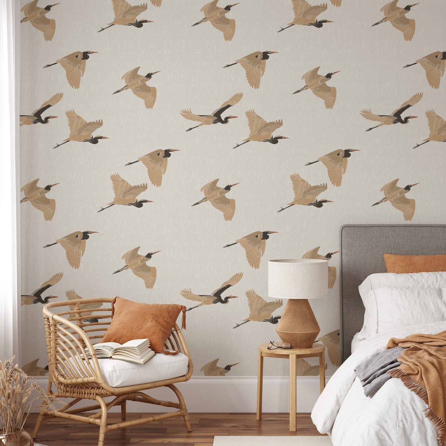 Flying Herons Wallpaper - Light Tan