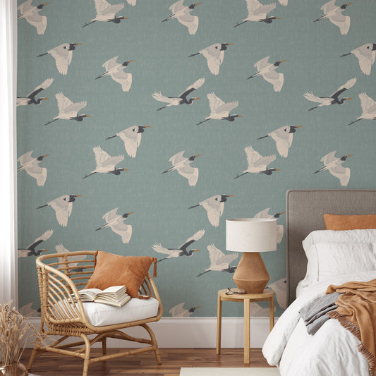Flying Herons Wallpaper - Teal
