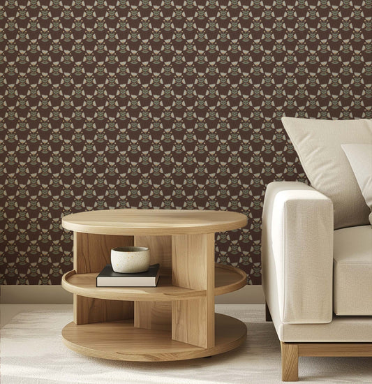 Folk Art Tulips Wallpaper in Deep Burgundy shown in an office