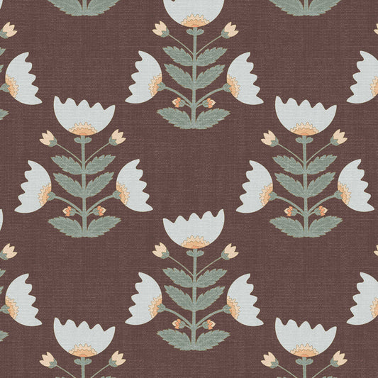 Closeup view of our Folk Art Tulips Wallpaper in Deep Burgundy