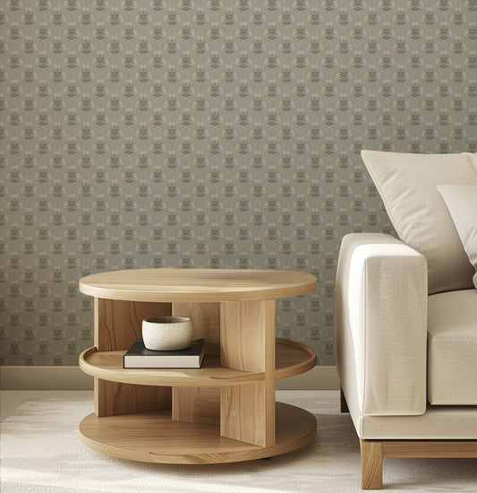 Folk Art Tulips Wallpaper in Dove Gray shown in an office