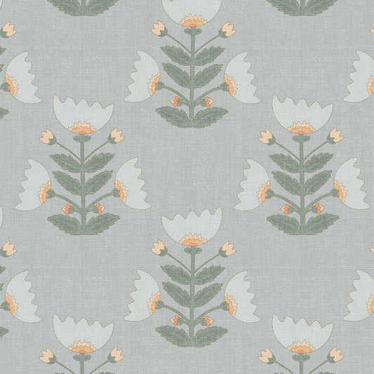 Folk Art Tulips Wallpaper in Dove Gray shown close up