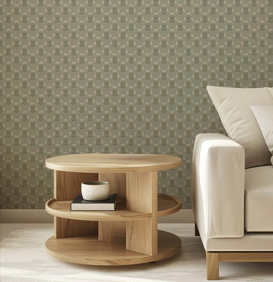 Folk Art Tulips Wallpaper in Pale Olive shown in an office