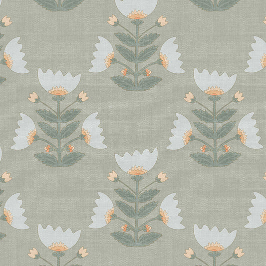 Closeup view of our Folk Art Tulips Wallpaper in Pale Olive